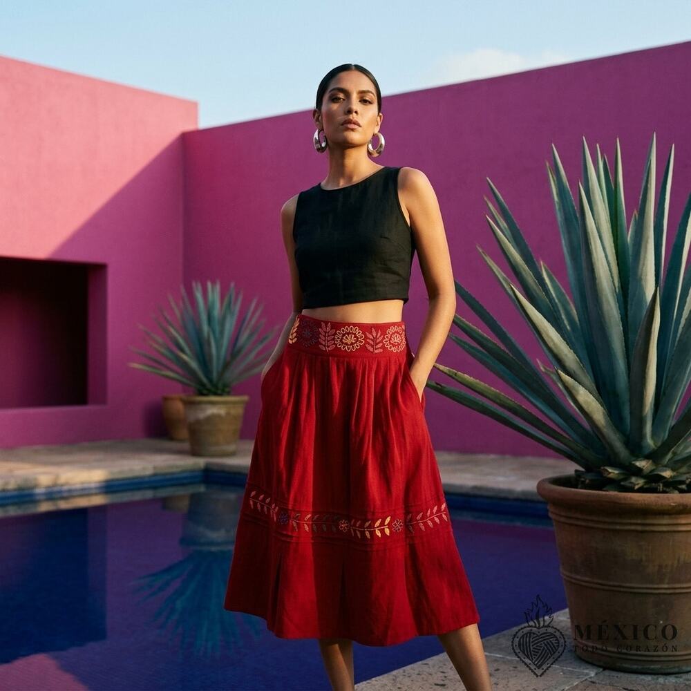 Mexican RED  skirt only  with side  pockets hand  embroidery   bottom ruffle